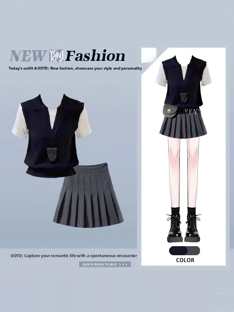 

Summer Short Sleeve Pleated Skirt Set Women's High Waist Fake Two-Piece Design Fashionable College Style Short Dress