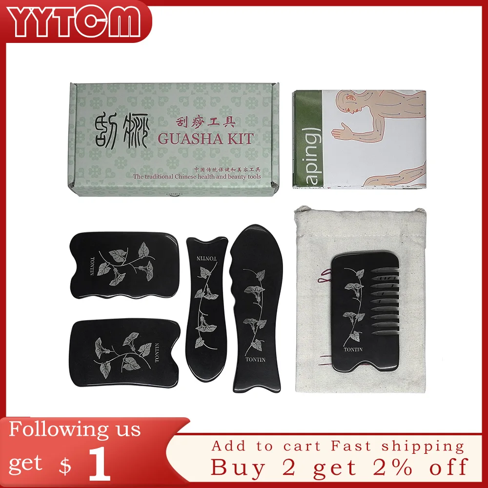 Tontin natural Buffalo Horn Guasha therapy massage sraping tool set face neck gua sha scraper board for paint removal