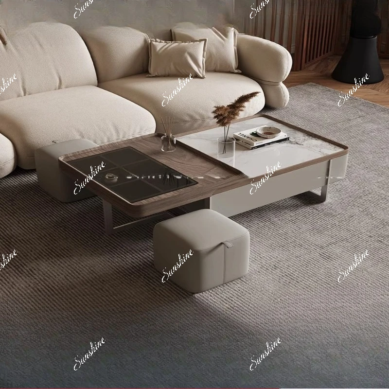 Italian minimalist rock slab square coffee table household small apartment creative telescopic belt drawer