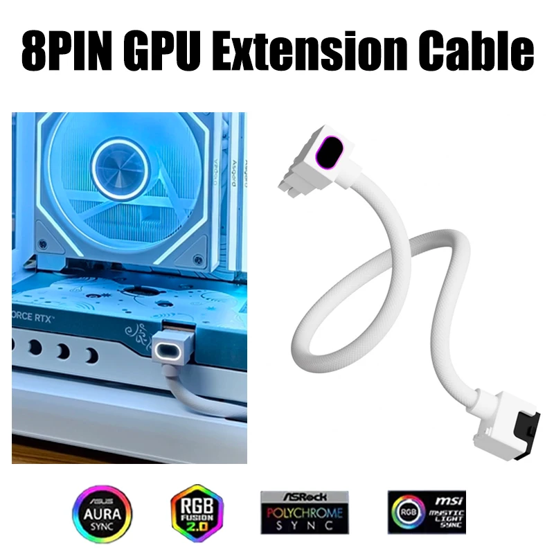 8PIN PSU GPU Extension Cable,ARGB PC Cable with 5V 3Pin,18AWG 90Right-Angle Design for Cleaner PC Builds.30CM