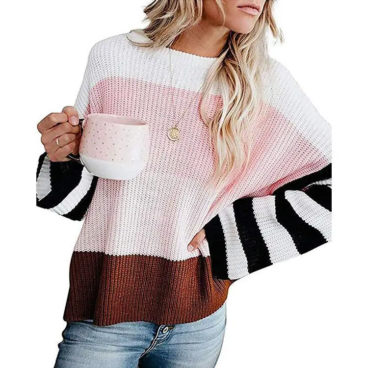 

Women's Knitted Top Intercolor Splicing Sweater Long Sve Striped Patterned Commute Sle Autumn Collection Crew Ne