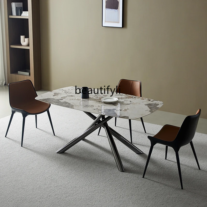 Modern simple rock slab dining table rectangular small apartment light luxury Italian household marble high-end dining table