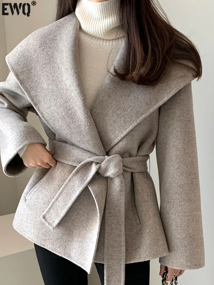 [EWQ] Big Turn-down Collar Long Sleeve Double-faced Cashmere Coat Lace-up Chic Women Winter Woolen Coats 2024 Autumn New 16O2400