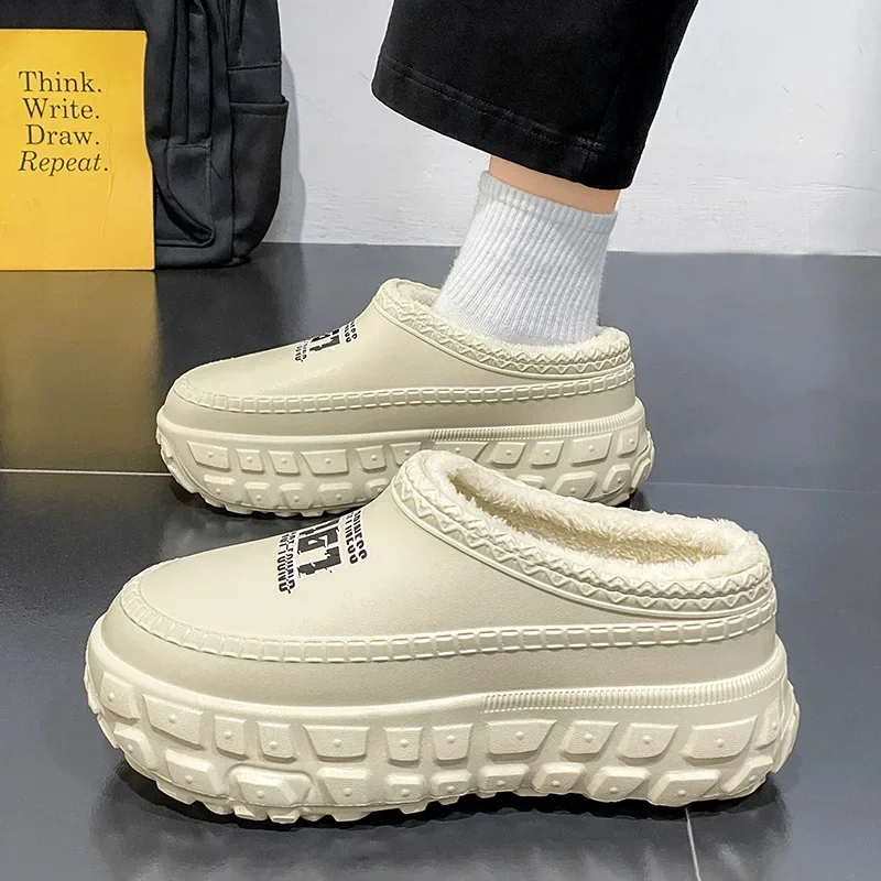 

Men's Cotton Slippers Winter New Style Home Wear Waterproof Non-Slip Fleece Lined Toe Covering Chef Shoes Outdoor Wearable