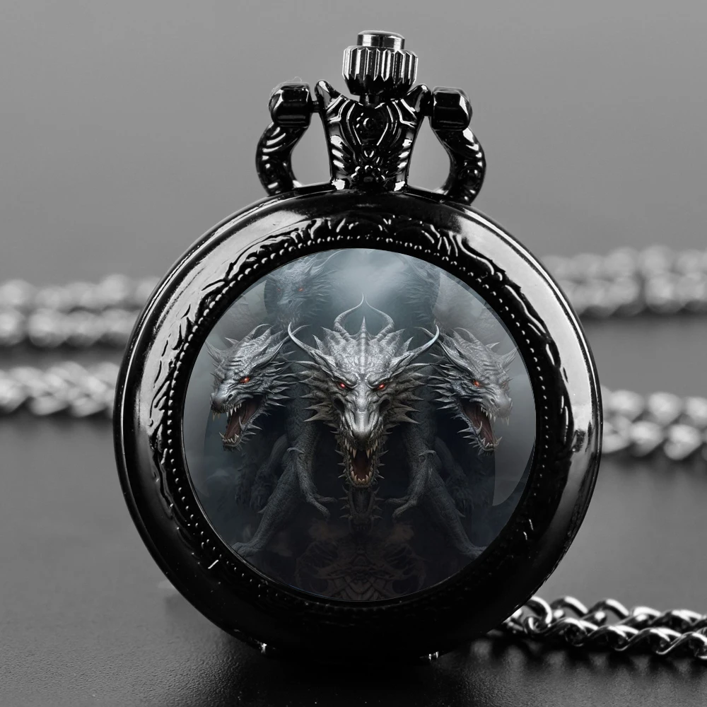 Reloj de bolsillo de cuarzo con cúpula de cristal de dragón de tres cabezas, cadena duradera, esfera de números árabes, regalos creativos para hombres, mujeres y niños