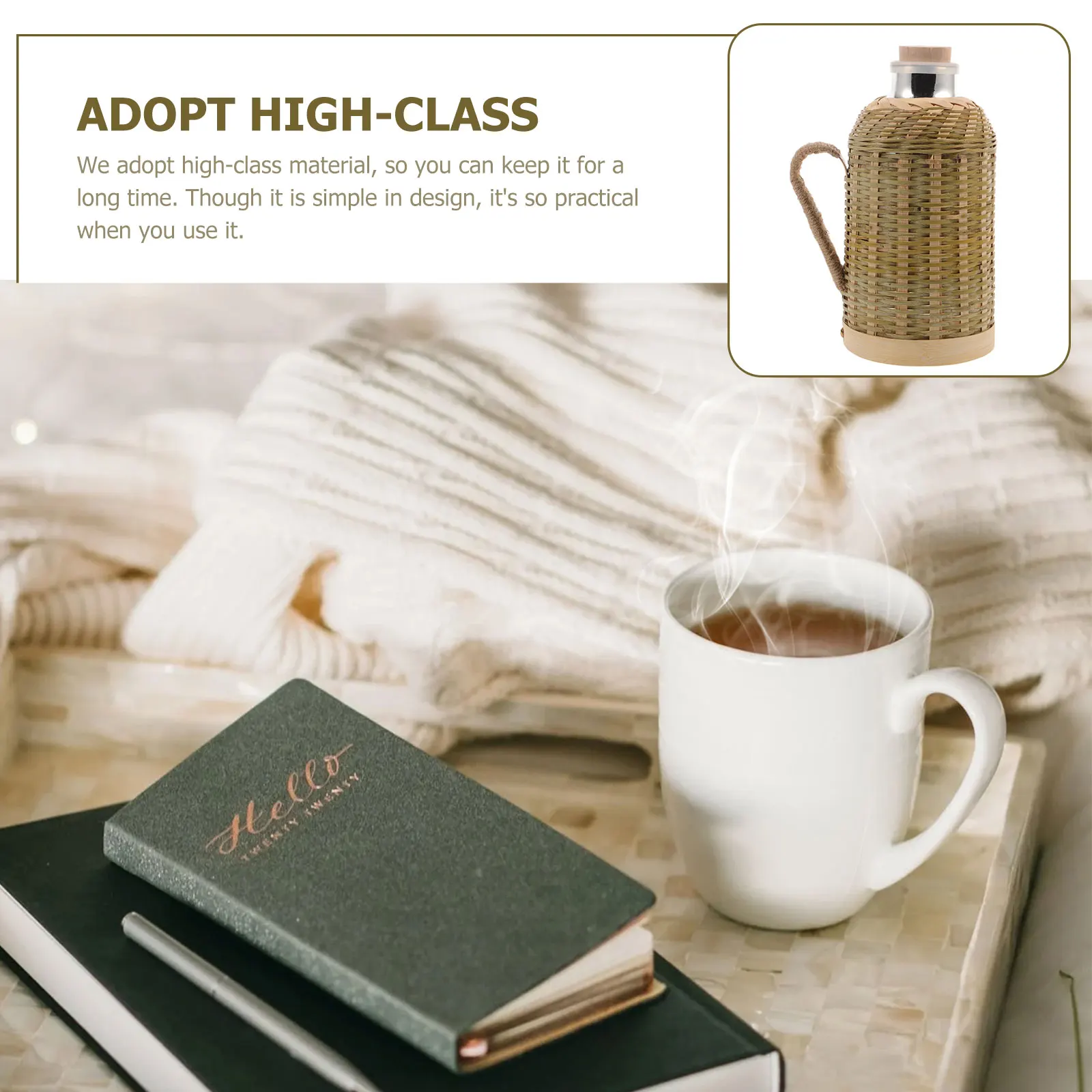

Bamboo Kettle 1.3L White Glass Retro Thermal Bottle for Home Office Hot Water Pot Electric Insulated Vintage