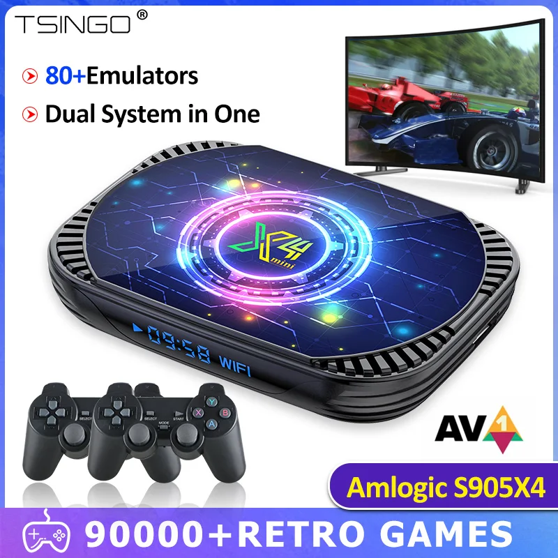 

TSINGO Arcade Games Console X4 Mini Built-in 90000 Games 80+Emulators For SS/DC/MAM/C64 Dual System S905X4 CPU 4K HD WiFi TV Box