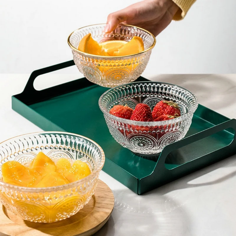 European Style Retro Glass Salad Fruit Bowl Embossed Glass Container Ice Cream Dessert Bowls Kitchen Transparent Oatmeal Bowls