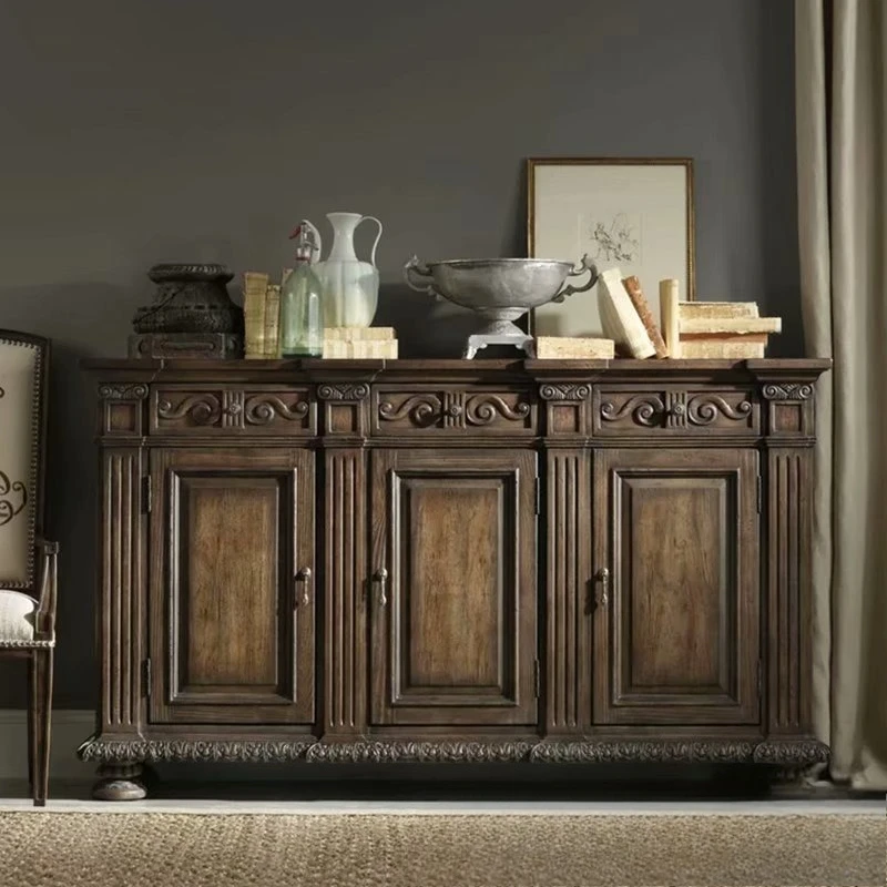 American solid wood porch cabinet villa retro carved three-door side cabinet locker