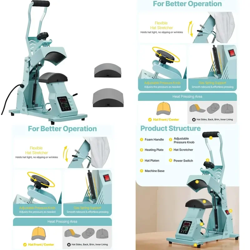 STROVAN New Cap Hat Heat Transfer Machine Heat Press Designed Specifically for Hats Hat Brim Heat Press with Two Bases