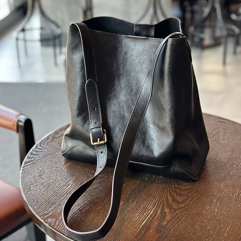 Johnature Simple Bucket Shoulder Bags 2024 New Genuine Leather Vintage Women Tote Bag Large Capacity Cowhide Shopping Bag