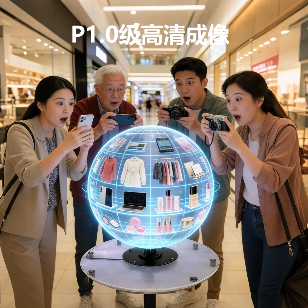 Aerial floating stereoscopic effect 360-degree rotation with full-angle imaging holographic spherical LED HD display