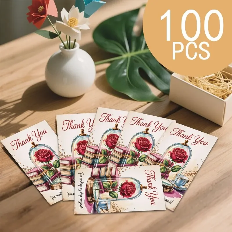 100pcs Birthday Thank-you Card Set, Featuring Rose and Book Patterns, Suitable for Birthdays and Various Celebration Occasions