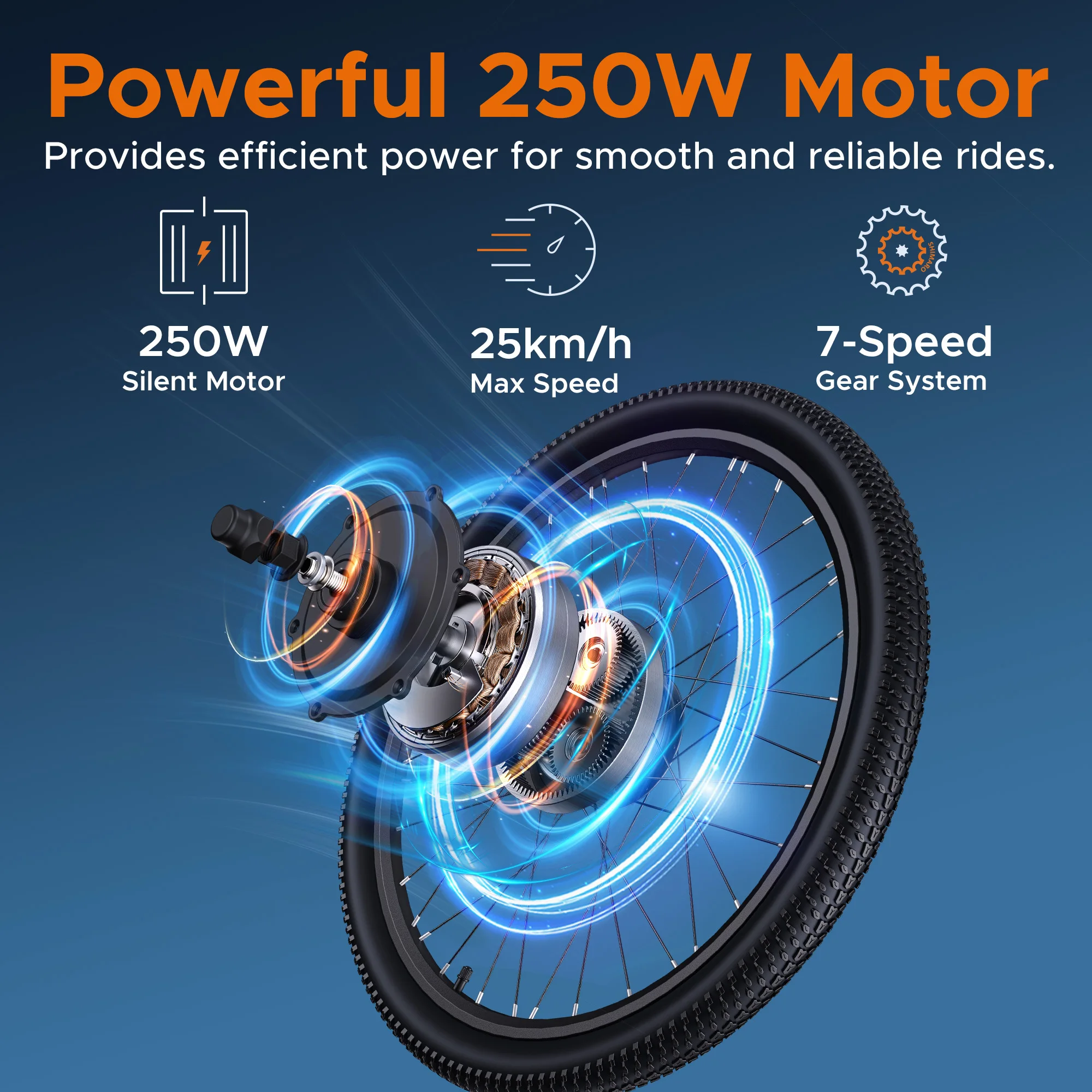 HillMiles MileTrail Electric Mountain Bike, 250W, 36V 13Ah Battery, 25km/h, Front Suspension, 7-Speed, Hydraulic Disc Brakes
