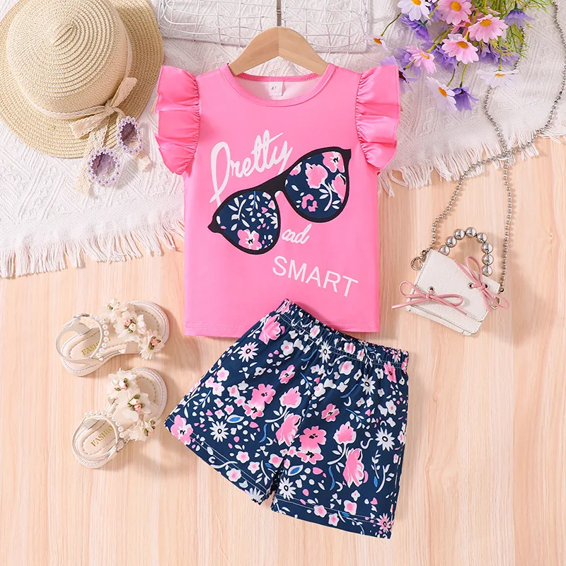 

2024 Summer Child Clothes Sets Sleeveless Print Floral Ruffles Tops Blue Shorts 2 Piece Sets Designer Girls Clothes Sets 8-12T