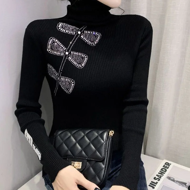 Trend Office Lady Simplicity Undercoat Slim Women\'s Clothing Fashion Casual Diamonds Solid Color Pullovers Winter Thin Sweaters