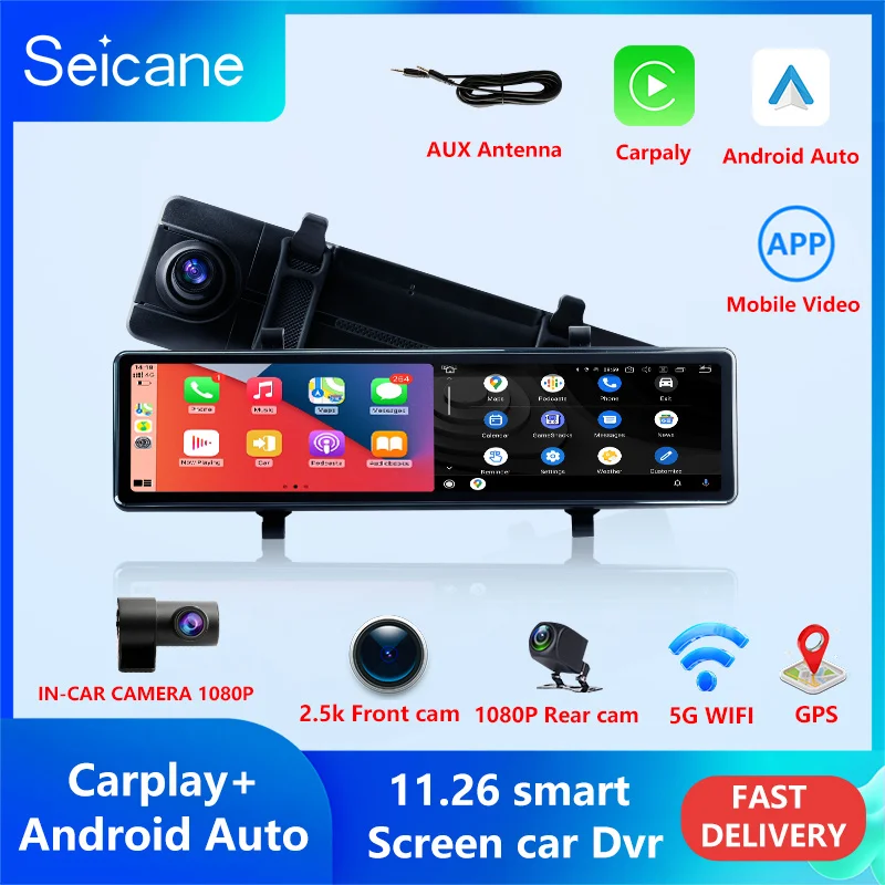 Seicane 11.26 inch Carplay Monitor & Android Auto Dashcam Rearview Camera Dual Camera Support TF card FM Mirror Monitor DVR