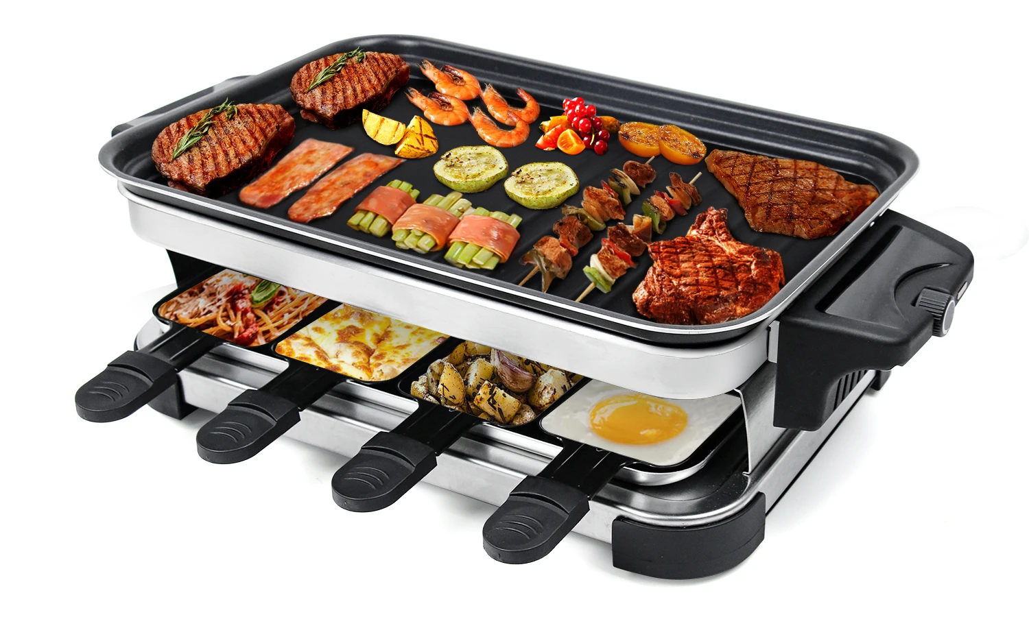 

Raclette Grill 8-person baking non stick coating, tray with 8 mini baking trays Raclette, stepless temperature control, 1300W