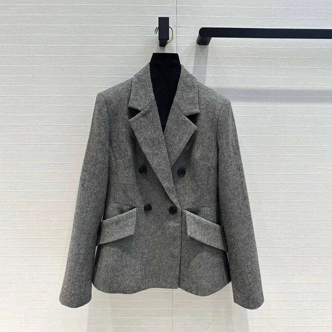 

2024 New Fashion Runway Design 70% Wool Blends Gray Color Slim Fit Chic Blazer Women Jacket Notched Double Breasted Elegant Suit