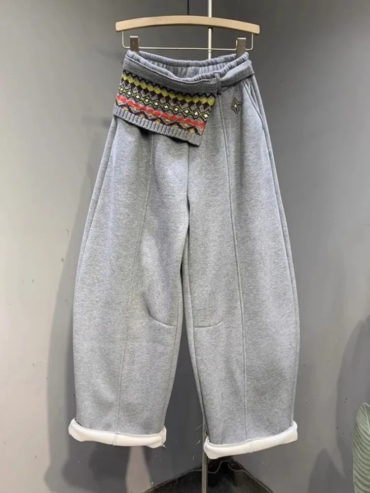 

Gray Fleece Lined Thick Casual Wide Leg Pants Women's High Waist Slimming Embroidered Knife Pants Autumn Winter New Arrival