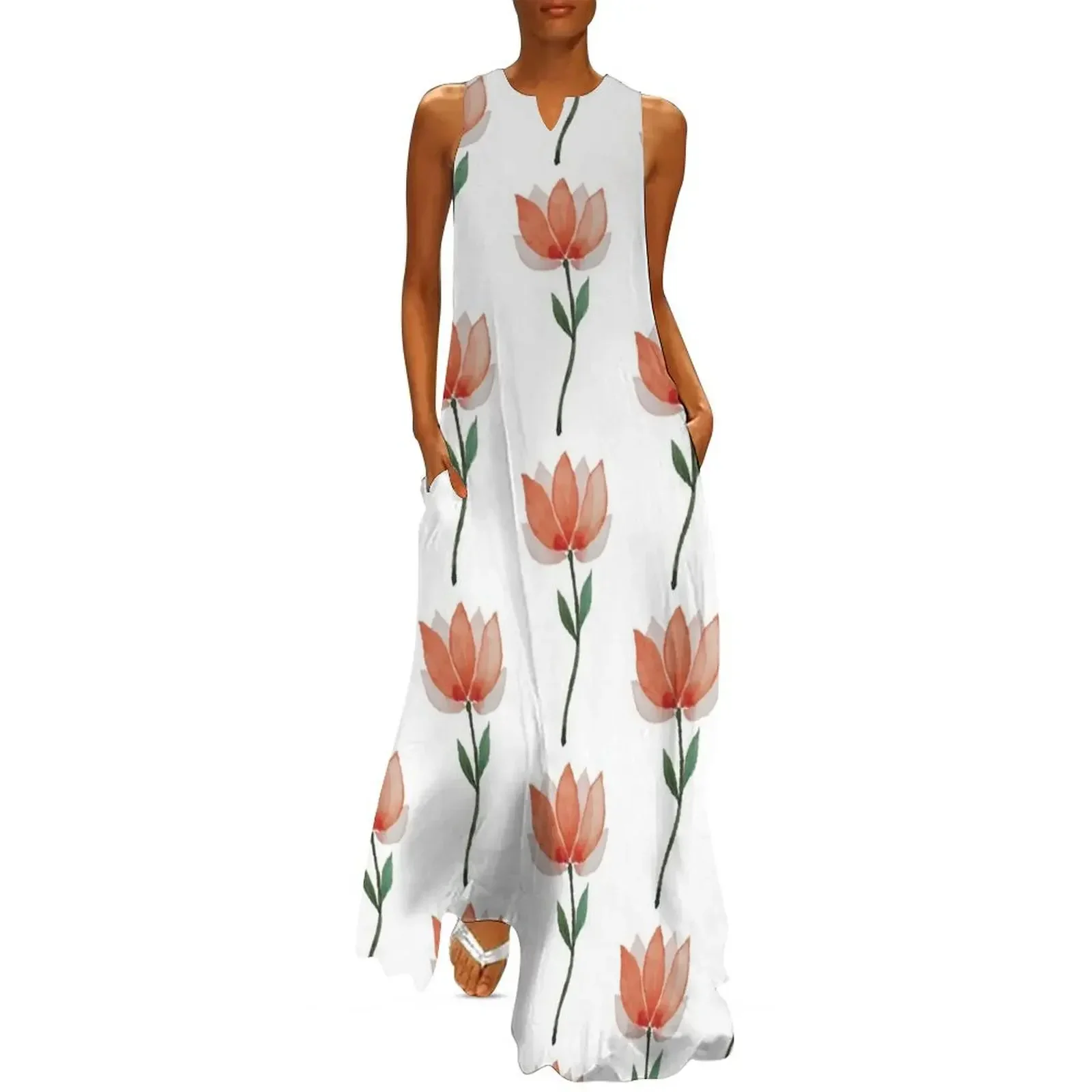 

Pink romantic watercolor summer flower Long Dress evening dress women loose women's dress Long woman