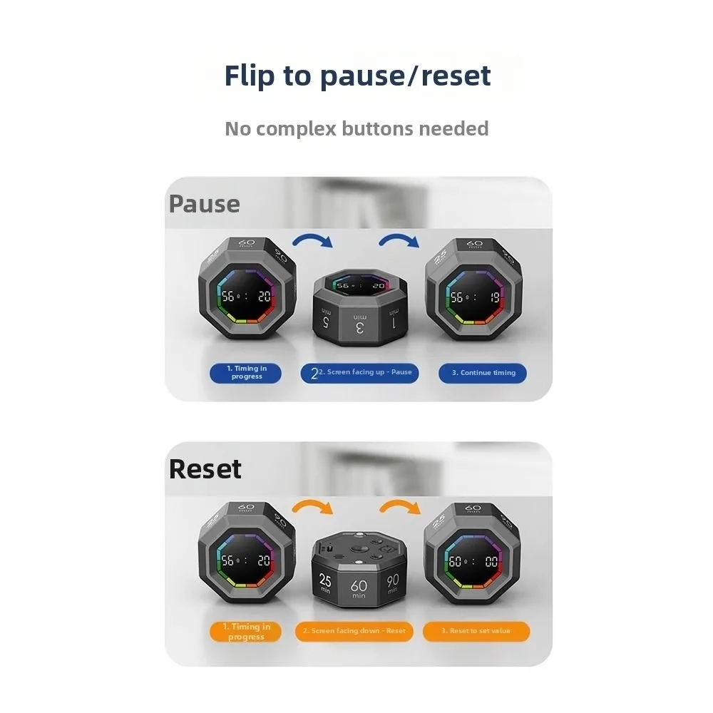 Magnetic Gravity Sensor Timer Smart LED Display Flip Timer Clock Octagon Design Visual Kitchen Timer Time Countdown