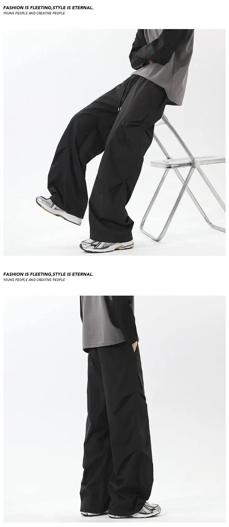 Leichte, plissierte Cargohose für Herren, locker geschnitten, mit weitem Bein, seitlichen Funktionstaschen, ideal für verschiedene Anlässe im Straßen- und Alltagslook. – Detail 15