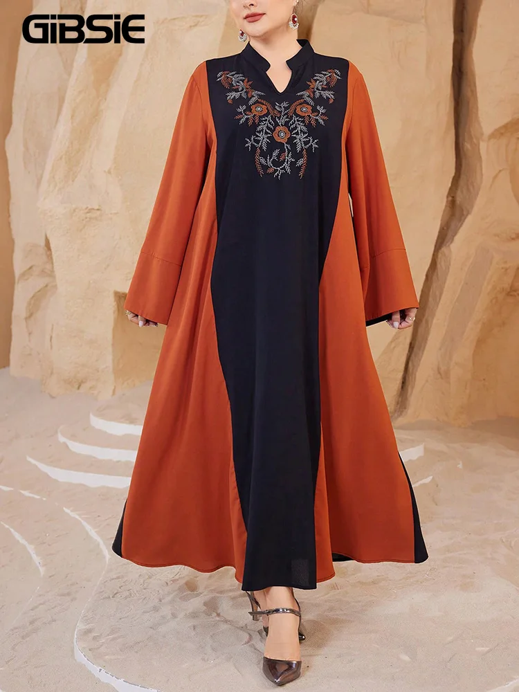GIBSIE プラスサイズ エスニックスタイル エレガント アバヤドレス レディース 2025 秋冬 イブニングパーティー 刺繍入りローブ ストレート ロングドレス
