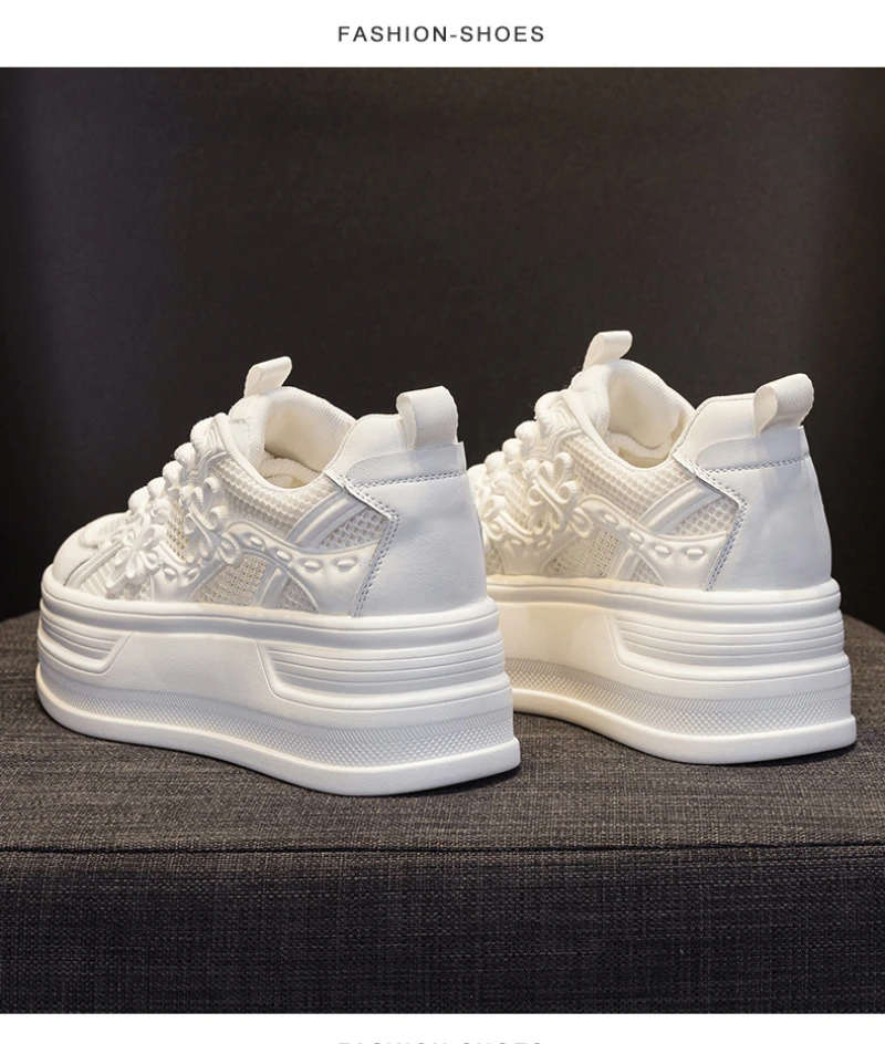 Womens White Mesh Platform Sneakers Breathable Thick Sole Casual Shoes With Flower Embroidery Lightweight Non Slip For Summer Da