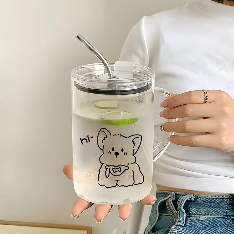 

Large Capacity Glass Cup, Household Juice Beverage Cup, Newly Designed Tea Straw Cup Coffee Mugs Cute Lidded Water Cup