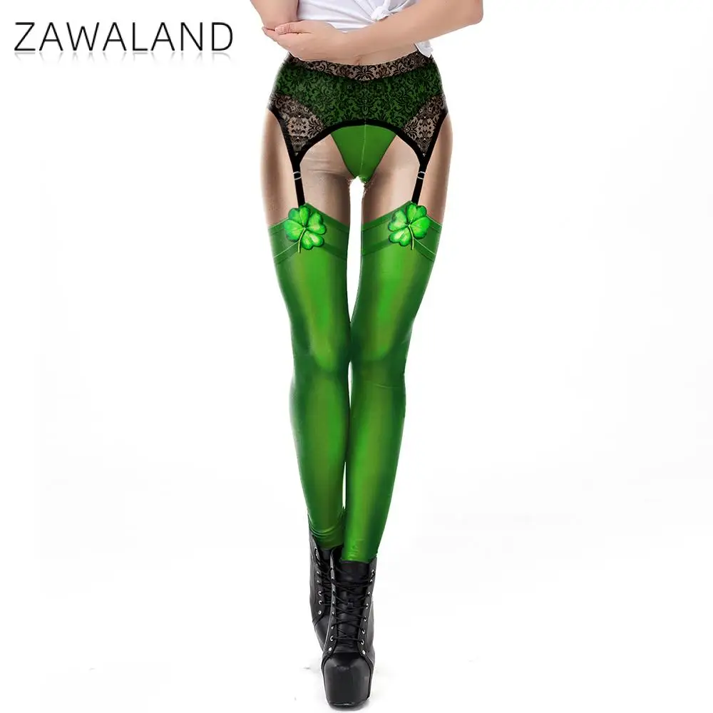 

Zawaland Women Sexy Lace Leggings St. Patrick's Day Lucky Grass Printed Holiday Party Pants Female Green Elastic Tights Trousers
