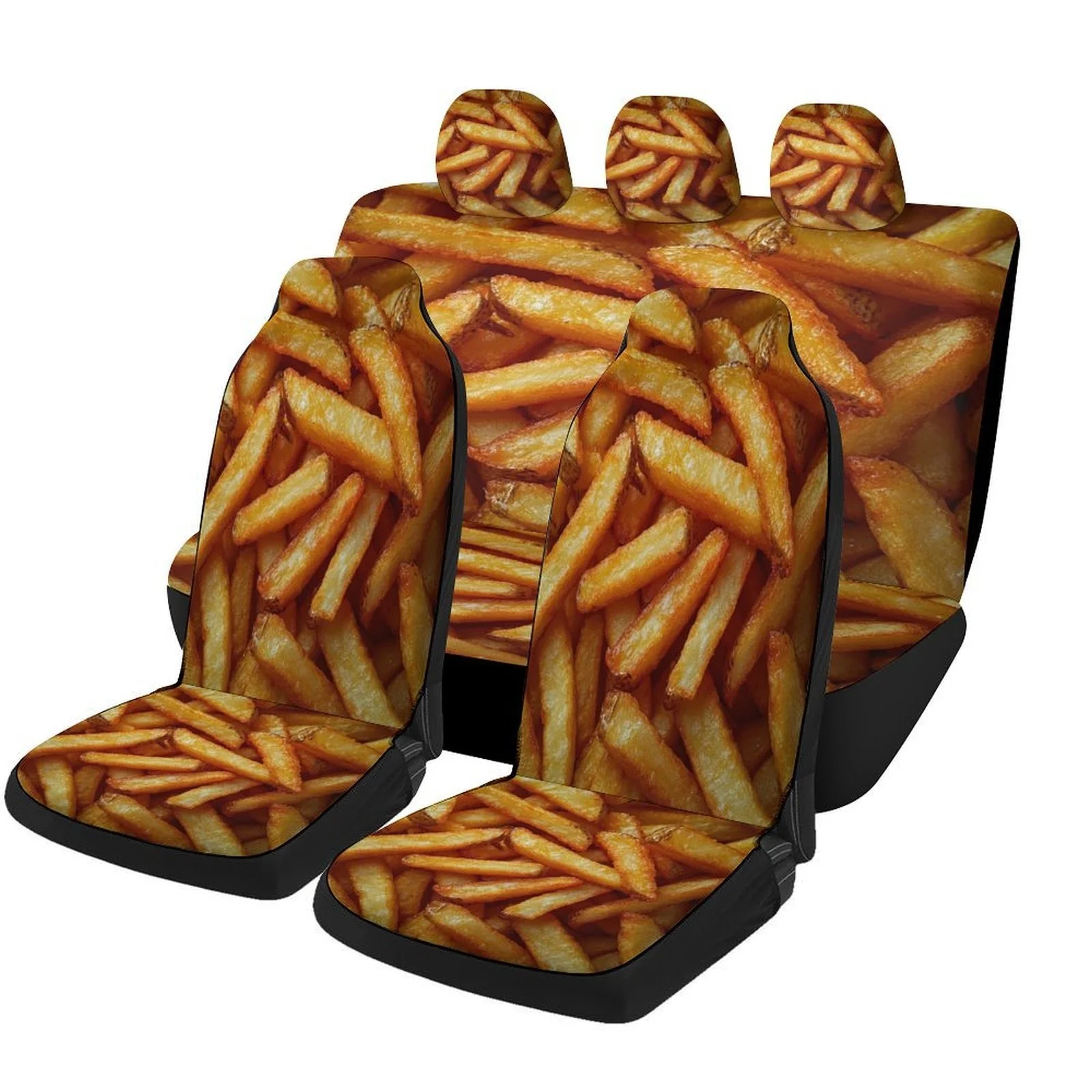 Golden Fries Themed Car Seat Cover Set - Trendy High-Quality Polyester Full Set For 2 Front & Rear Seats, Fit For Most Cars, All