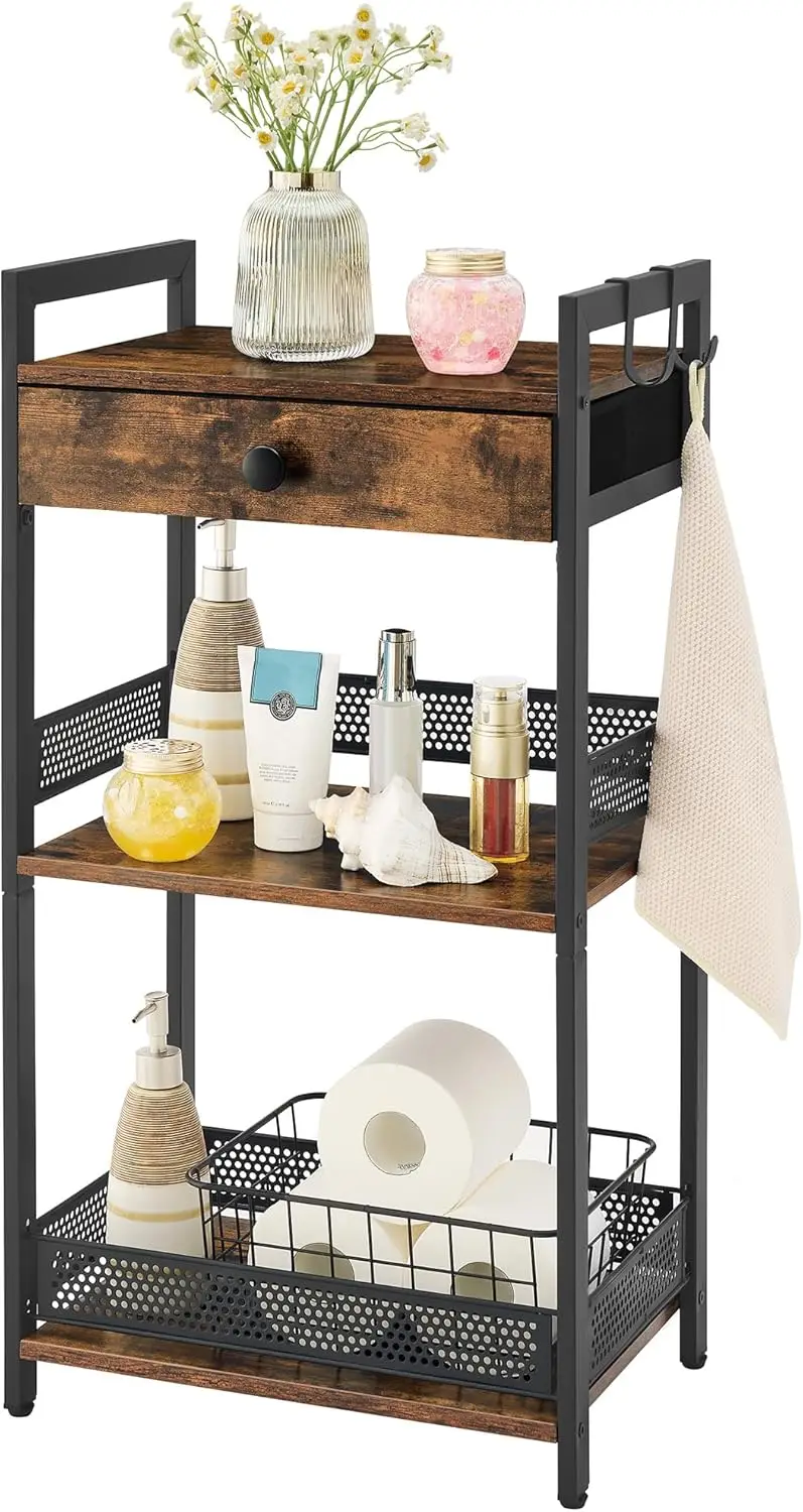 

Bathroom Ladder Shelf, 3-Tier Bathroom Floor Storage Shelf with Drawer, Freestanding Towel Shelf, Bookcase End Table Ope