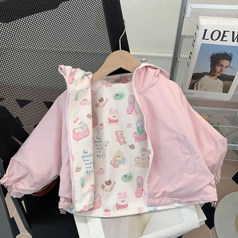 1-9Y Girls Pink Bear Windproof Coat New Children's Both Sides Spring Autumn Baby Zipper Hoodie Top Kid Jackt Windbreaker  789