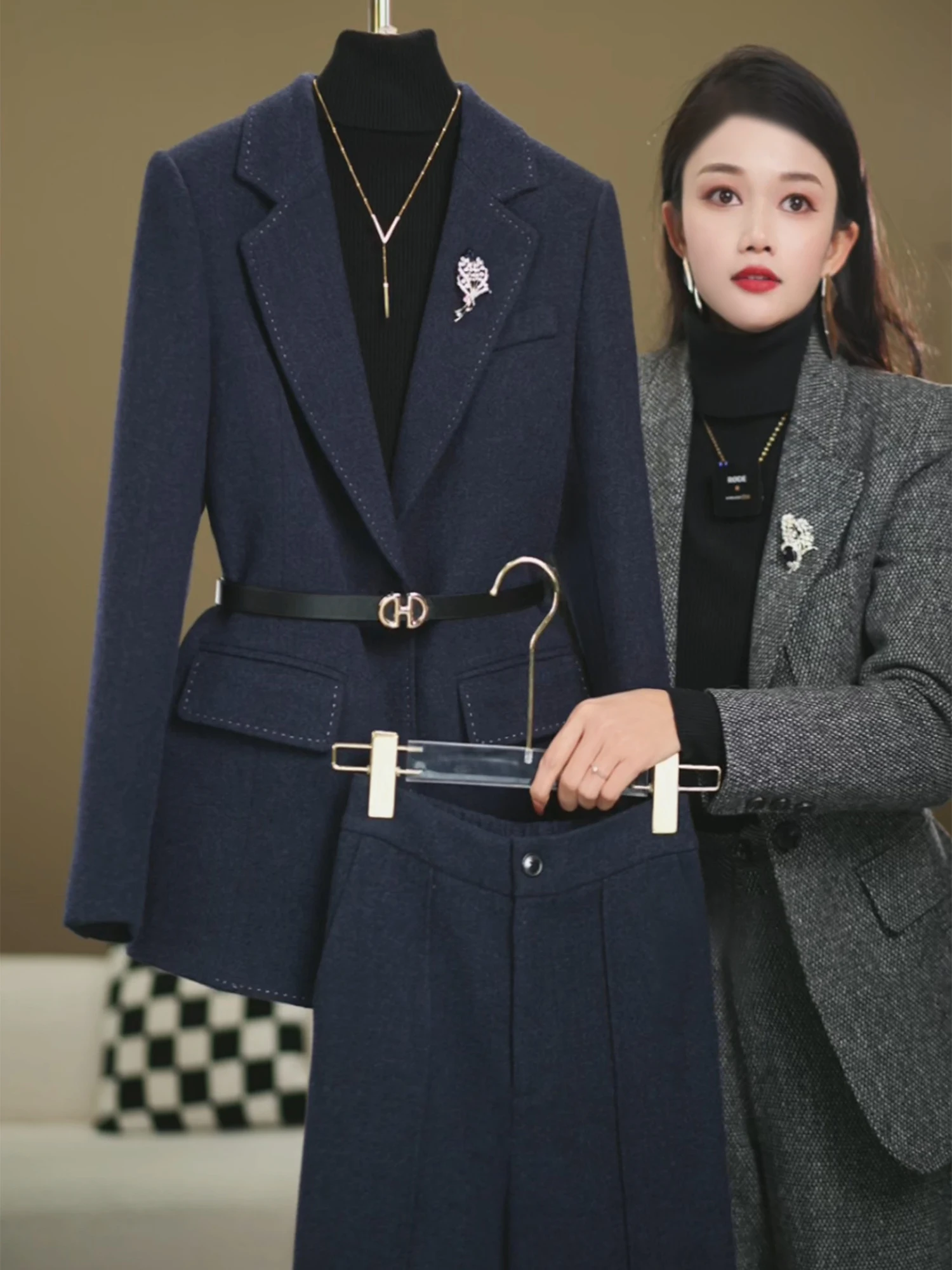 Diepblauwe damespakset Afslankende taillemat Sle Woon-werkverkeer Warm Thiened Long Sve Formele kleding Herfst Winter Nieuw A...