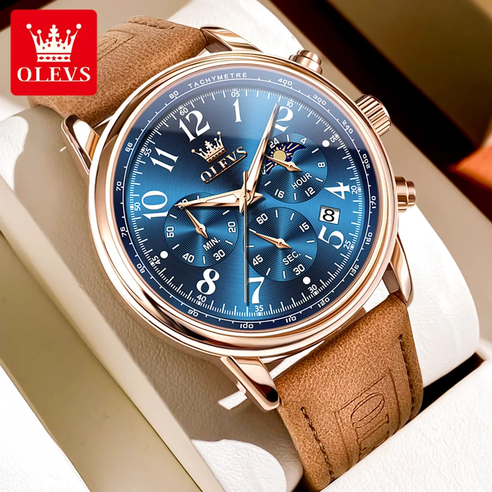 

OLEVS 2912 Number Scale Quartz Watch For Men Chronograph Original Wrist Watches Moon Phase Calendar Waterproof Man Watch 2024