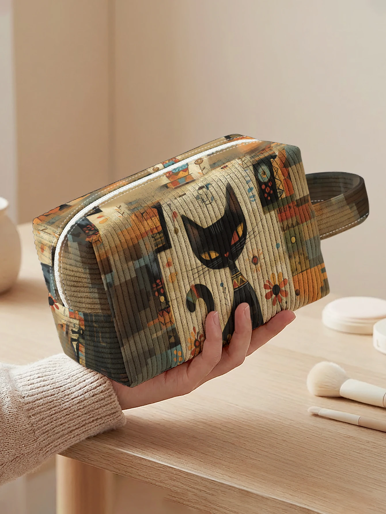 Retro Abstract Black Cat Floral Print Makeup Bag Portable Handheld Cosmetic Pouch Large Capacity For Travel Daily Storage