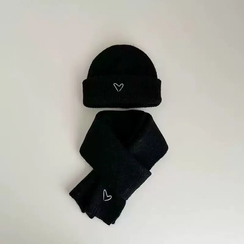 Amor coração bordado chapéu de malha cachecol conjunto engrossado estilo coreano crochê quente gorro quente à prova vento inverno pulôver boné