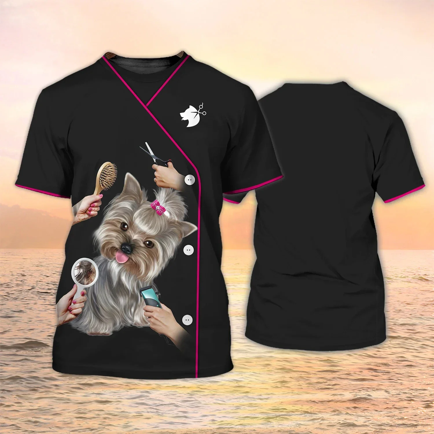 Camisetas femininas engraçadas para cães 3D estampadas, camisas casuais soltas, uniforme com gola O, tops de manga curta, corte de cabelo na moda