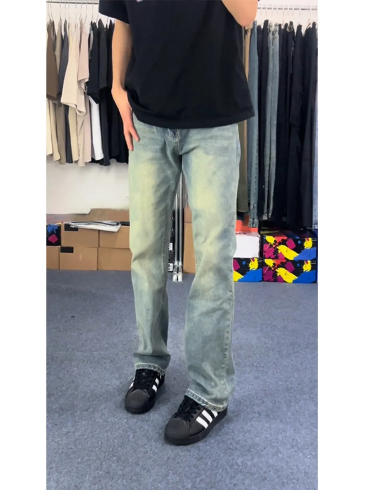 

Retro Blue Men's Jeans Summer OOTD Long Straight Leg High Waist Trousers American High Street Fashion Straight Micro Flared P...