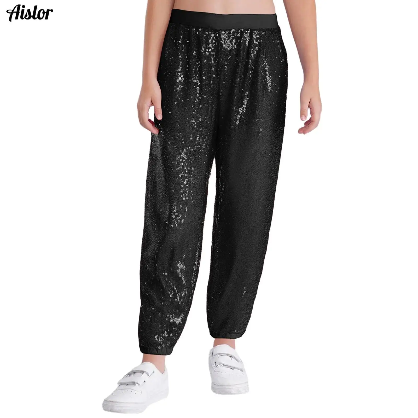 

Kids Girls Sparkling Sequins Dance Pants Elastic Waistband Bloomers Trousers for Jazz Dance Hip-Hop Stage Performance Streetwear
