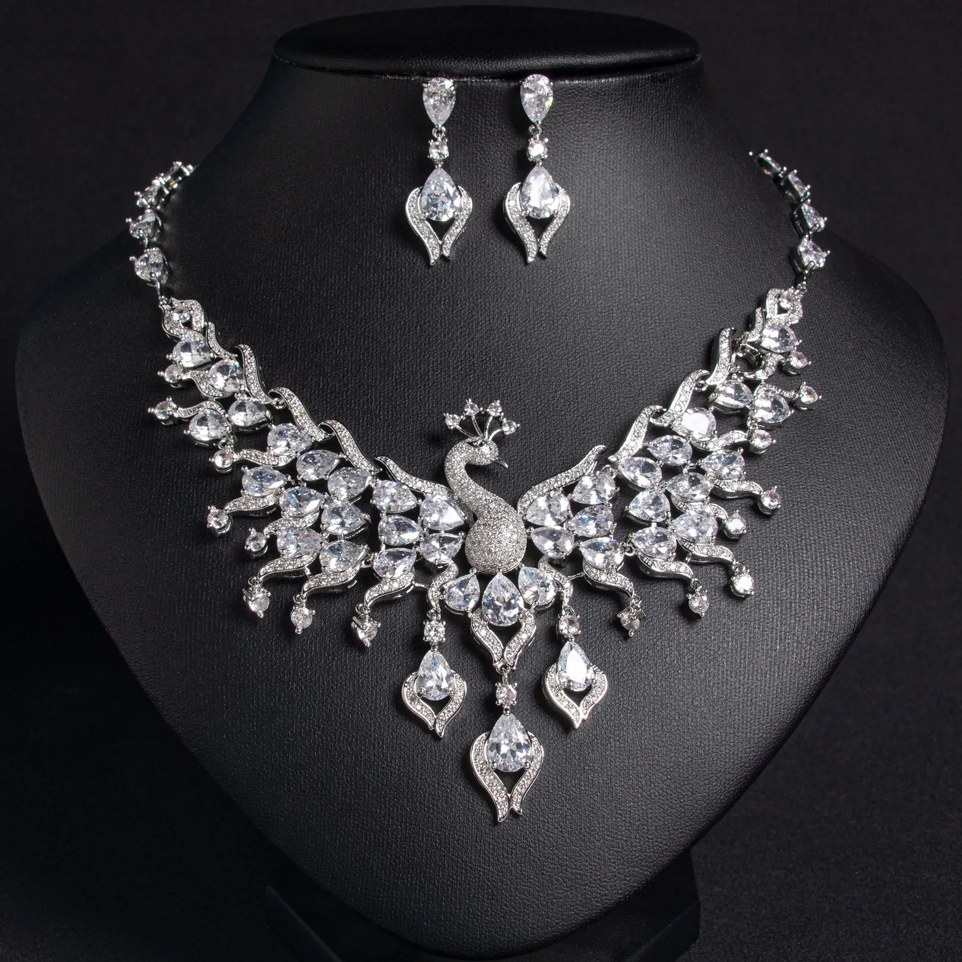 Light Luxury Peacock Shaped Multi-colour Jewellery Women's Set Necklace Earrings 2 Pcs Wedding Travel Banquet Gift M-596