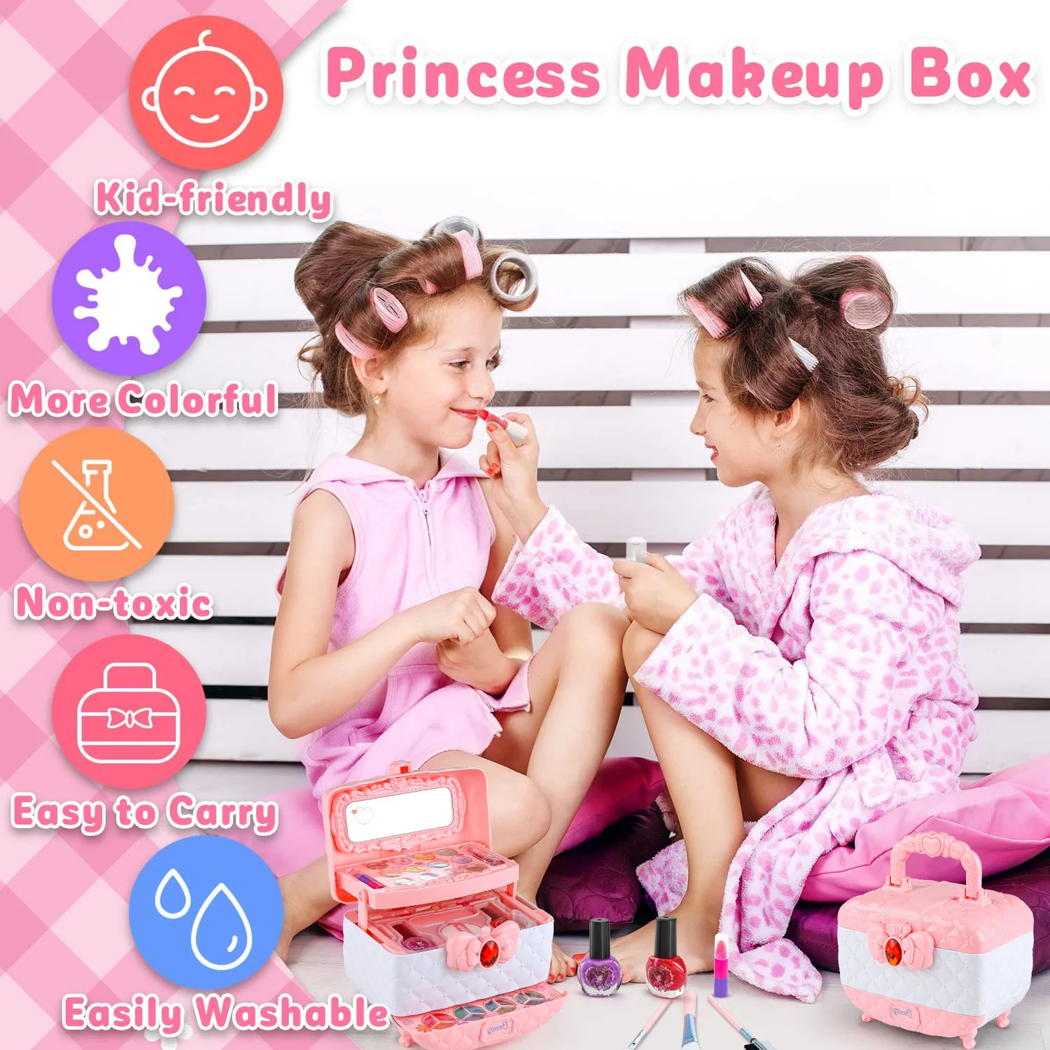 Kit de brinquedo de maquiagem infantil para meninas, conjunto de maquiagem lavável com estojo cosmético real para menina, conjunto de beleza de maquiagem para brincar de fingir