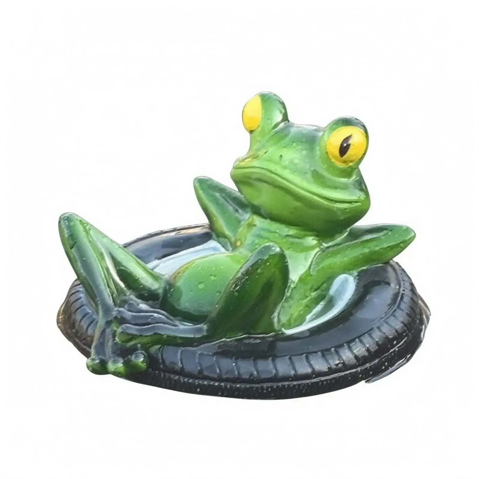 Resin Frog Ornament Glossy Frog on Tire Base Whimsical for Pond