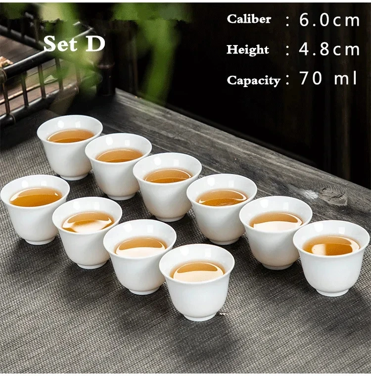 Dehua High White Porcelain Tea Cup Set, Pure White Ceramic, 10Pcs per Pack