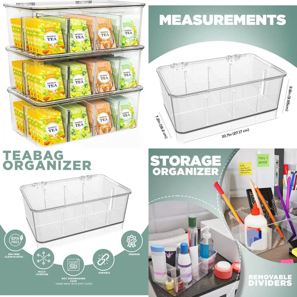 Caja de almacenamiento apilable para bolsitas de té con tapa, organizador de despensa transparente, soportes de partición de paquete de 3