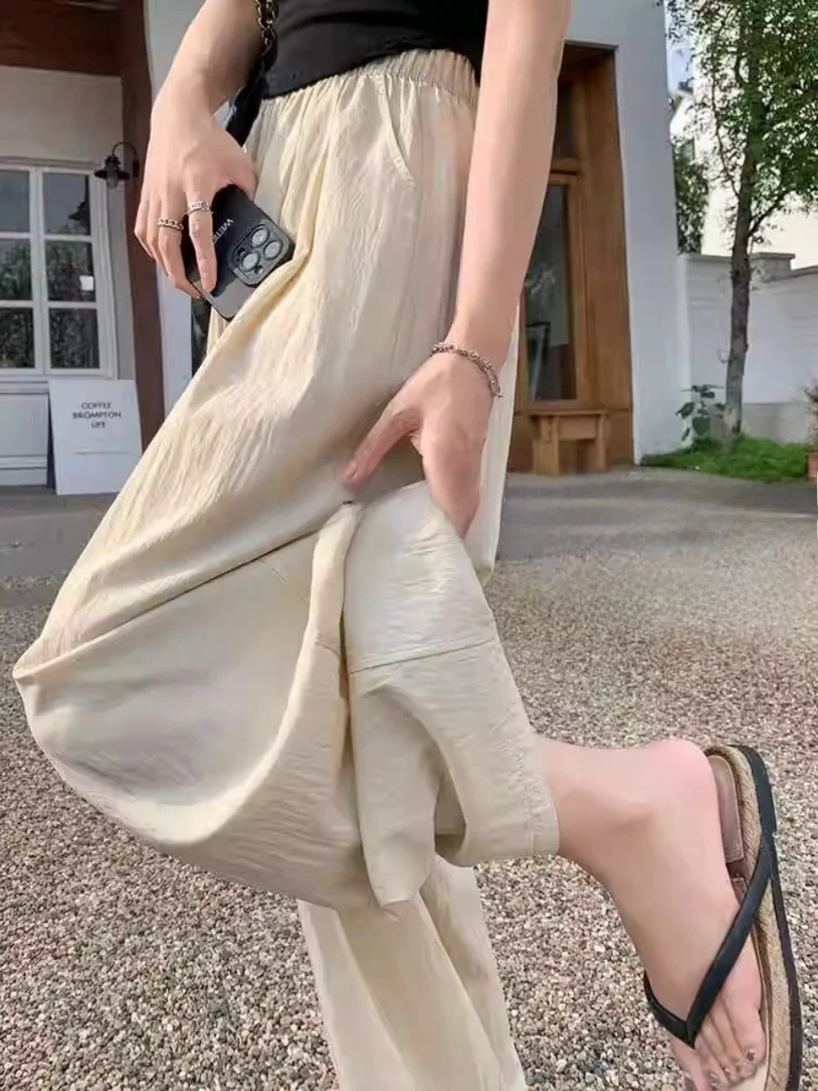 

Женские летние брюки с высокой талией и широкими штанинами из тонкого ледяного шелка, повседневные свободные прямые брюки, удобные длинные брюки для офиса и города