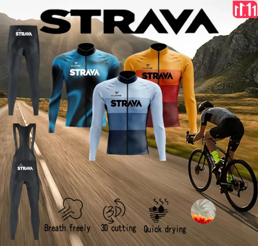 

Strava Cycling Men's Winter Long Sleeve Bib Suit Warm Cycling Jacket Jersey Mountain Road Bike Christmas Thanksgiving Gifts