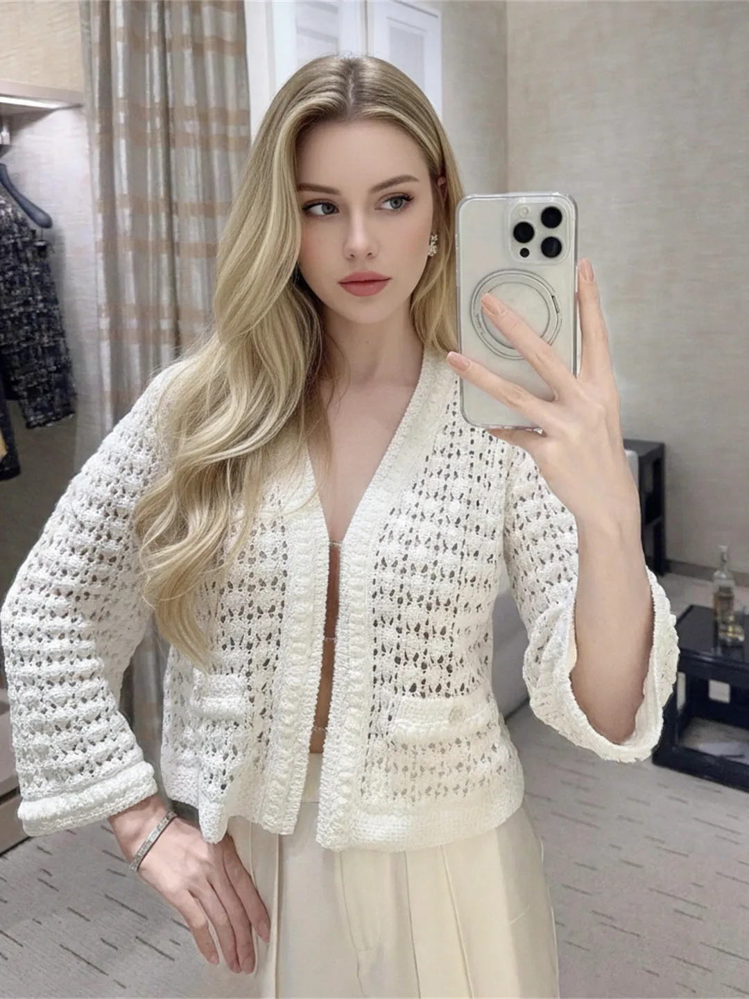 2026 New Women V Neck Bell Sleeve Hollow Out Knit Cardigan White Buttoned Crochet Sweater Top Summer Sunscreen Outerwear