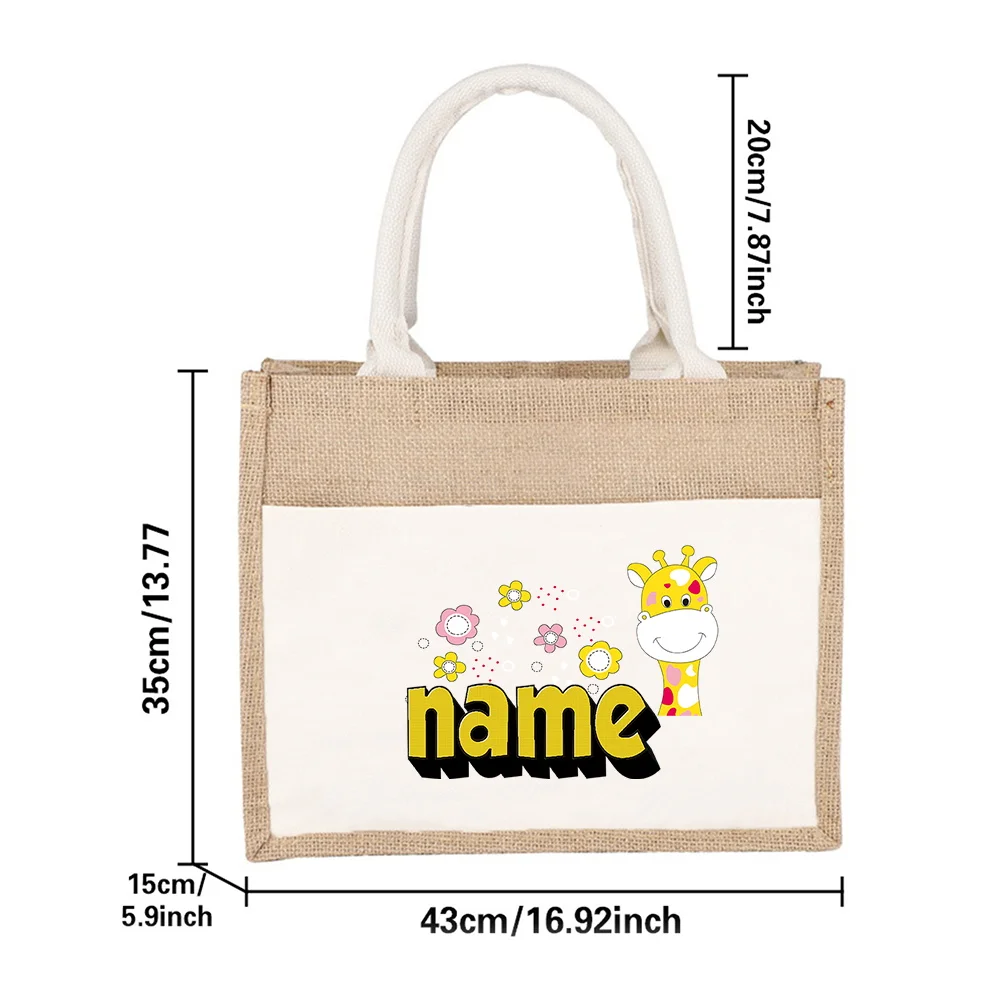 Personalized Customized Name Shopping Bags Linen Handbag Foldable Large Capacity Simple Top Handle Cotton Linen Organizer Pouch